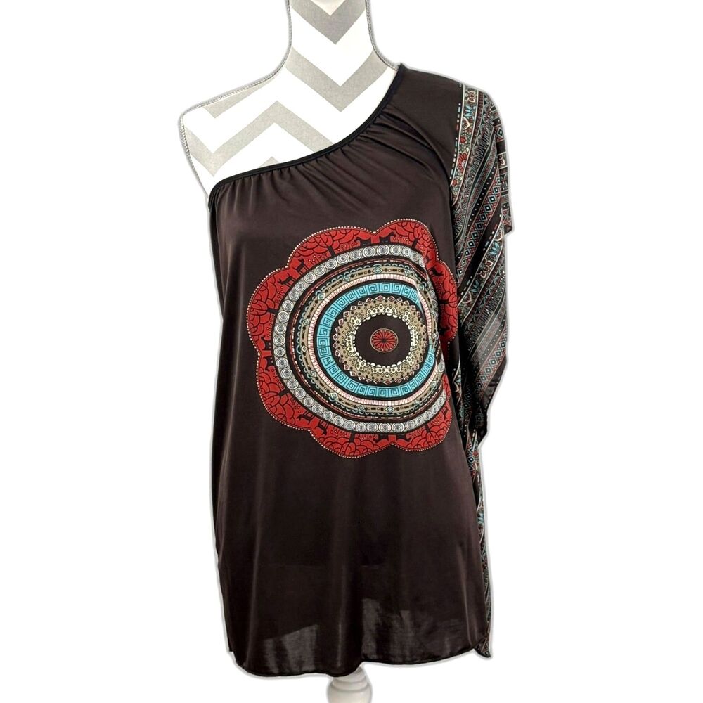 A'Gaci Junior's Brown One Shoulder Poncho Top Medallion Pattern Size Medium
